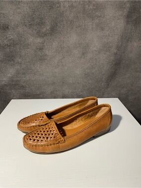 VTG Alegre Tan Woven Leather Loafers Flats Sz 8W Made in Brazil Slip On Huarache